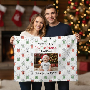 Baby’s First Christmas Custom Name Photo Reindeer  Fleece Blanket