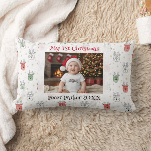 Baby’s First Christmas Custom Name Photo Reindeer  Lumbar Cushion
