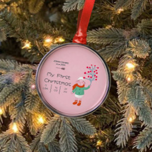 Baby’s First Christmas - Cute Lamb art on pink Metal Tree Decoration