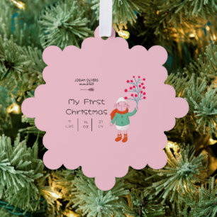 Baby’s First Christmas - Cute Lamb art on pink Tree Decoration Card