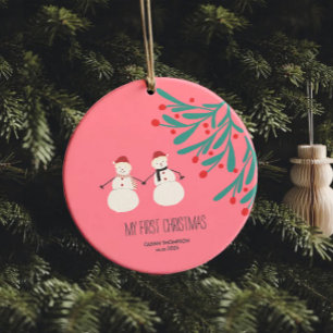 Baby’s First Christmas - cute Snowman Duo on pink Ceramic Tree Decoration