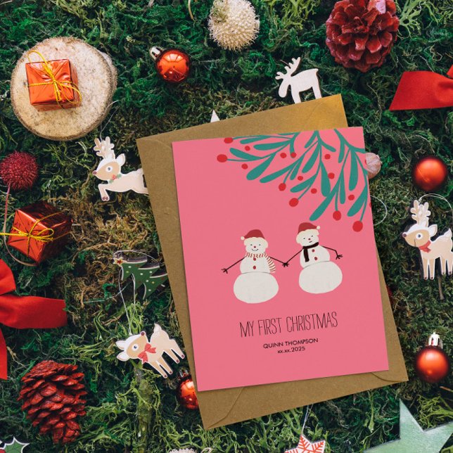 Baby’s First Christmas - cute Snowman Duo on pink Holiday Card (Creator Uploaded)