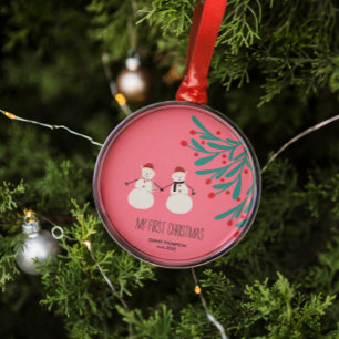 Baby’s First Christmas - cute Snowman Duo on pink Metal Tree Decoration