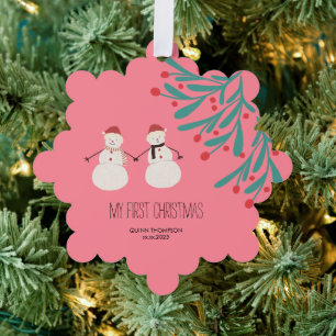 Baby’s First Christmas - cute Snowman Duo on pink Tree Decoration Card
