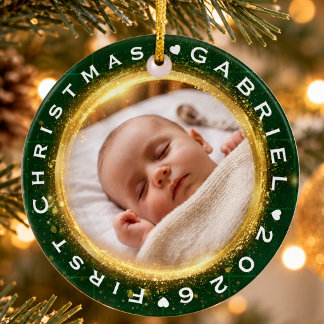 Baby’s First Christmas Green Gold Photo Keepsake Ceramic Tree Decoration