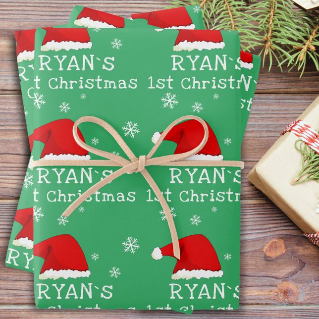 Baby`s First Christmas Green Santa Hat Snowflake Wrapping Paper Sheet (Creator Uploaded)
