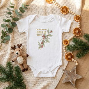 Baby`s First Christmas Holly Winter Foliage Baby Bodysuit