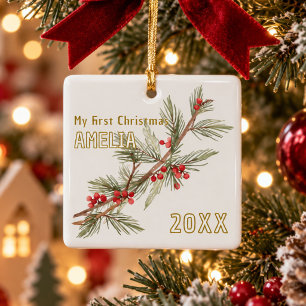 Baby`s First Christmas Holly Winter Foliage Ceramic Ornament