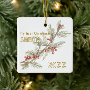 Baby`s First Christmas Holly Winter Foliage Ceramic Ornament