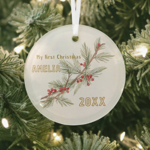 Baby`s First Christmas Holly Winter Foliage Glass Tree Decoration