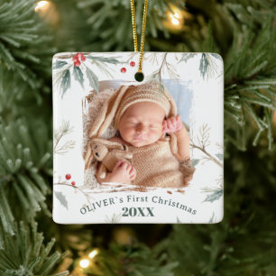 Baby`s First Christmas Holly Winter Foliage Photo Ceramic Ornament