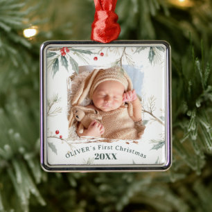 Baby`s First Christmas Holly Winter Foliage Photo Metal Tree Decoration