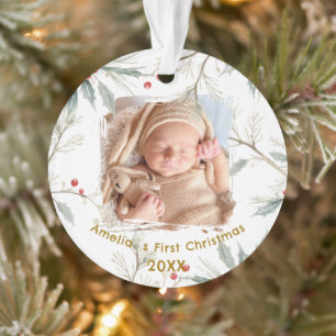 Baby`s First Christmas Holly Winter Foliage Photo Ornament