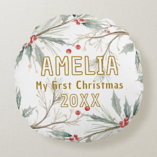 Baby`s First Christmas Holly Winter Foliage  Round Cushion