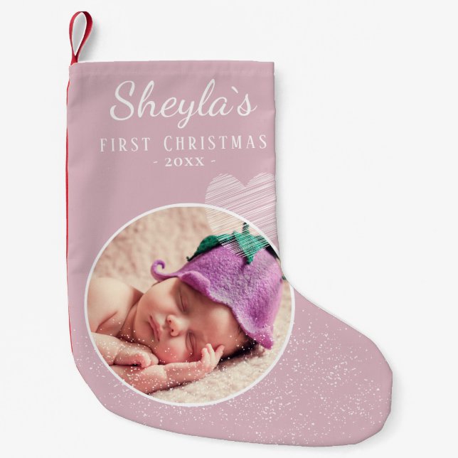 Baby`s First Christmas Pink Heart Photo Small Christmas Stocking (Front)