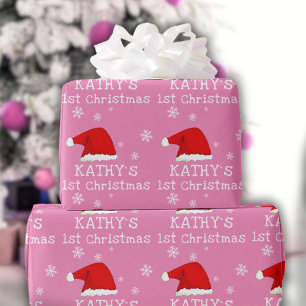 Baby`s First Christmas Pink Santa Hat Snowflake  Wrapping Paper