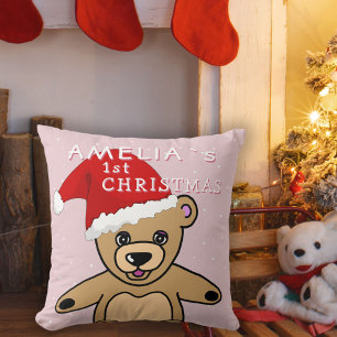 Baby`s First Christmas Pink Teddy Bear Santa Hat Cushion