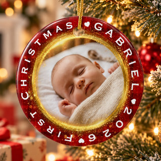 Baby’s First Christmas Red Gold Photo Keepsake Ceramic Tree Decoration