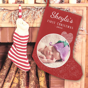 Baby`s First Christmas Red Heart Photo Small Christmas Stocking