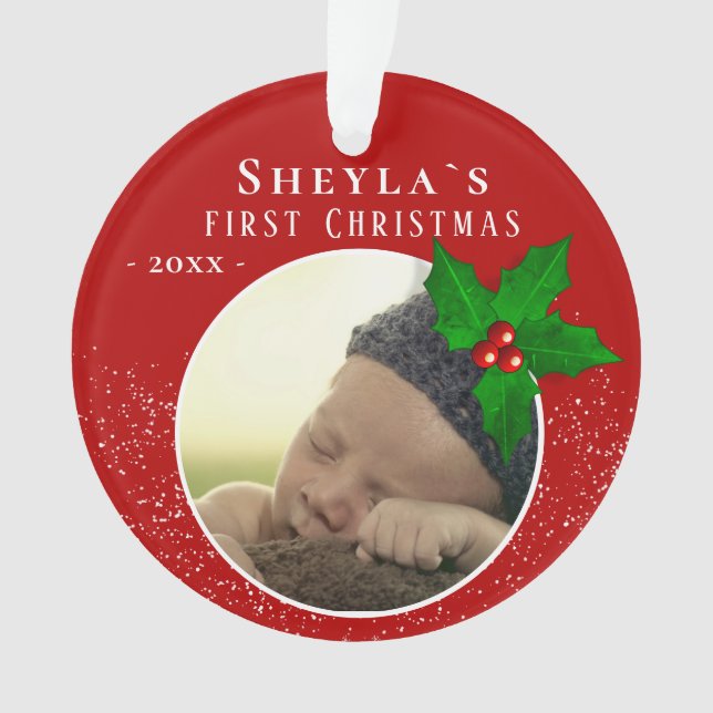 Baby`s First Christmas Red Holly Berry Photo Ornament (Front)