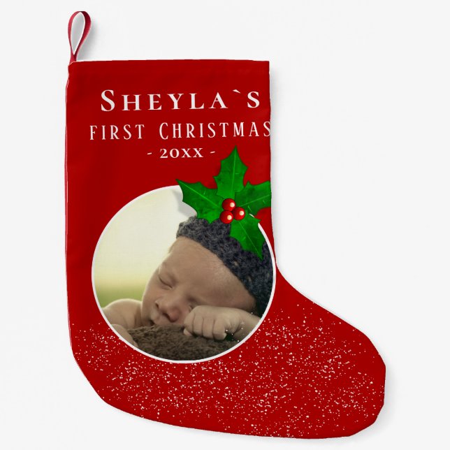 Baby`s First Christmas Red Holly Berry Photo Small Christmas Stocking (Front)