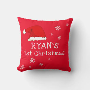 Baby`s First Christmas Red Santa Hat Snowflake Cushion