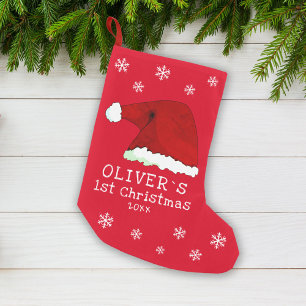 Baby`s First Christmas Red Santa Hat Snowflake Small Christmas Stocking