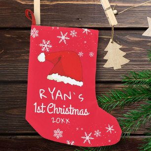 Baby`s First Christmas Red Santa Hat Snowflake Small Christmas Stocking