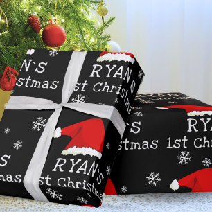 Baby`s First Christmas Red Santa Hat Snowflake Wrapping Paper