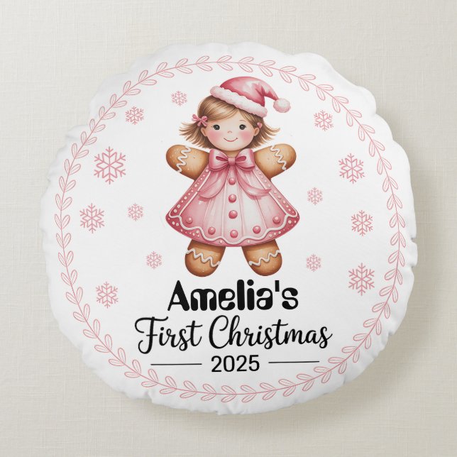 “Baby’s First Christmas Round Pillow-Editable Cushion (Front)