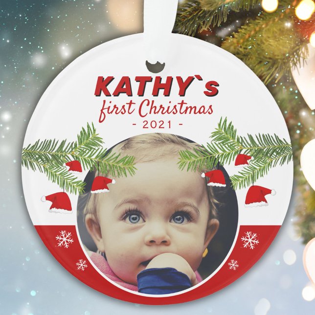 Baby`s First Christmas Santa Hat Pine Photo  Ornam Ornament (Creator Uploaded)