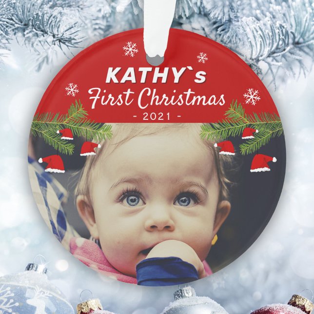 Baby`s First Christmas Santa Hat Pine Photo Ornament (Creator Uploaded)