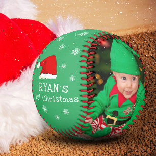 Baby`s First Christmas Santa Hat Snowflake Photo Baseball