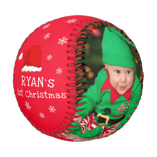 Baby`s First Christmas Santa Hat Snowflake Photo Baseball
