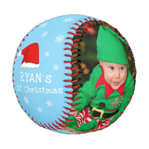 Baby`s First Christmas Santa Hat Snowflake Photo Baseball
