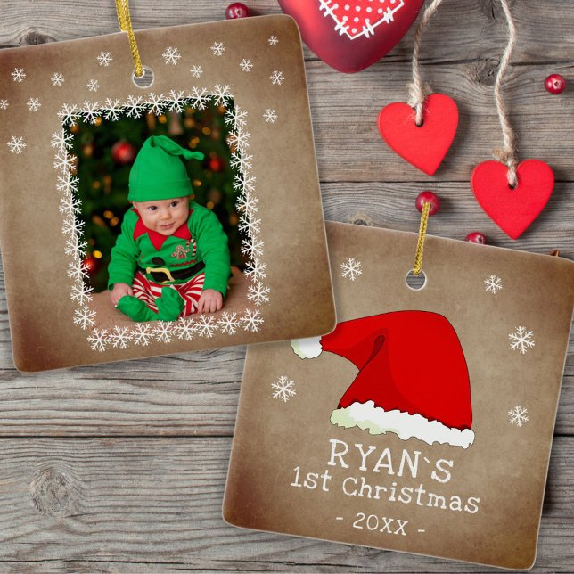 Baby`s First Christmas Santa Hat Snowflake Photo Ceramic Ornament (Creator Uploaded)