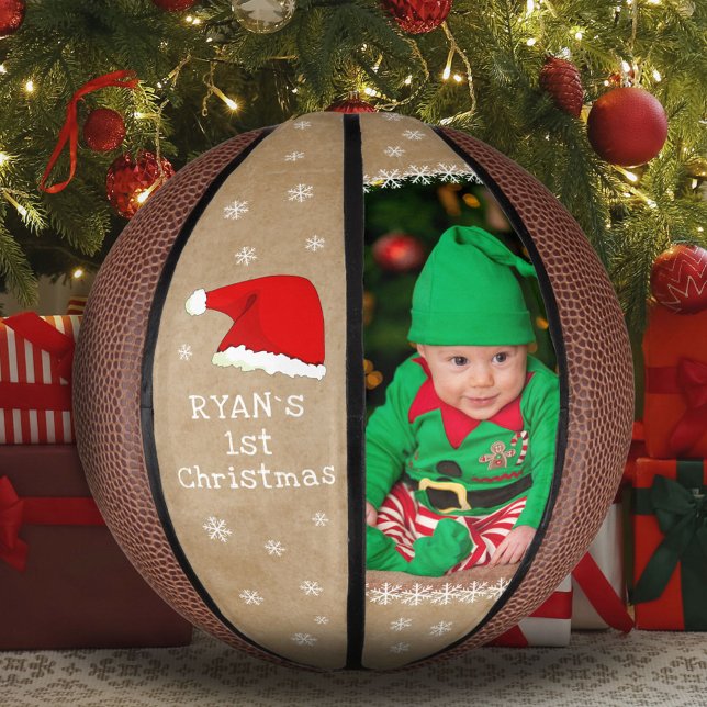 Baby`s First Christmas Santa Hat Snowflake Photo Mini Basketball (Creator Uploaded)