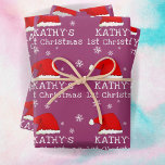 Baby`s First Christmas Santa Hat Snowflake Purple Wrapping Paper Sheet<br><div class="desc">Baby`s First Christmas Red Santa Hat Snowflake Purple Wrapping Paper Sheets. Cute baby first Christmas design with a Santa hat,  snowflakes and a baby name in a white script - personalise with your baby`s name.</div>