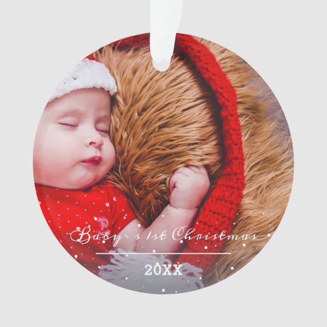 Baby`s First Christmas Script Christmas Photo Ornament (Front)