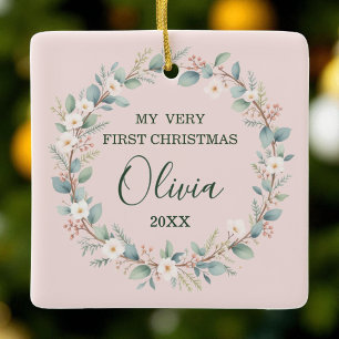 Baby’s First Christmas Soft Blush Floral Frame Ceramic Ornament