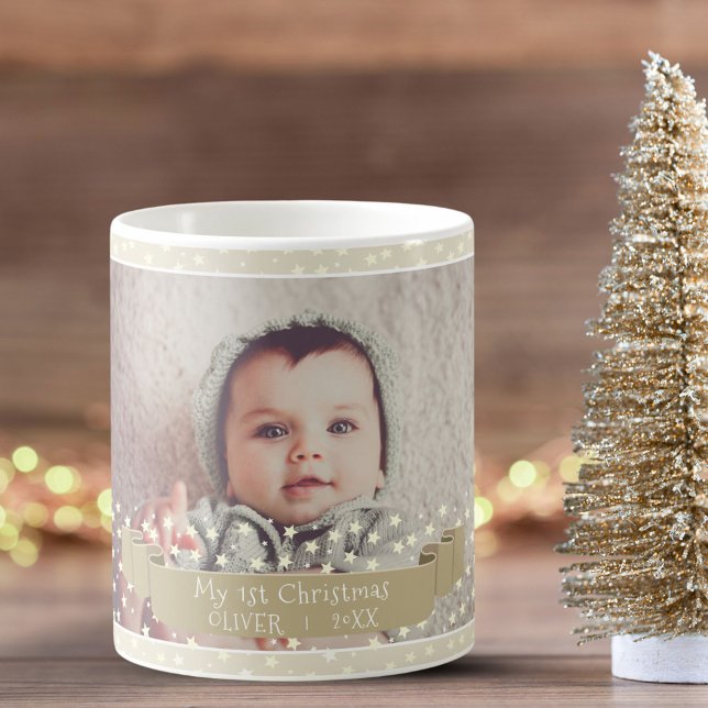 Baby`s First Christmas Stars Ribbon Full Photo Coffee Mug (Creator Uploaded)