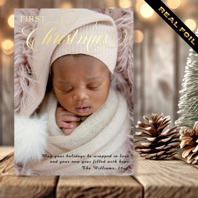 Baby’s First Christmas Typography Photo  (Baby’s First Christmas Typography Photo Foil Holiday Card)