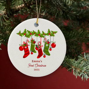 Baby’s First Christmas with Colourful Stockings Ceramic Tree Decoration