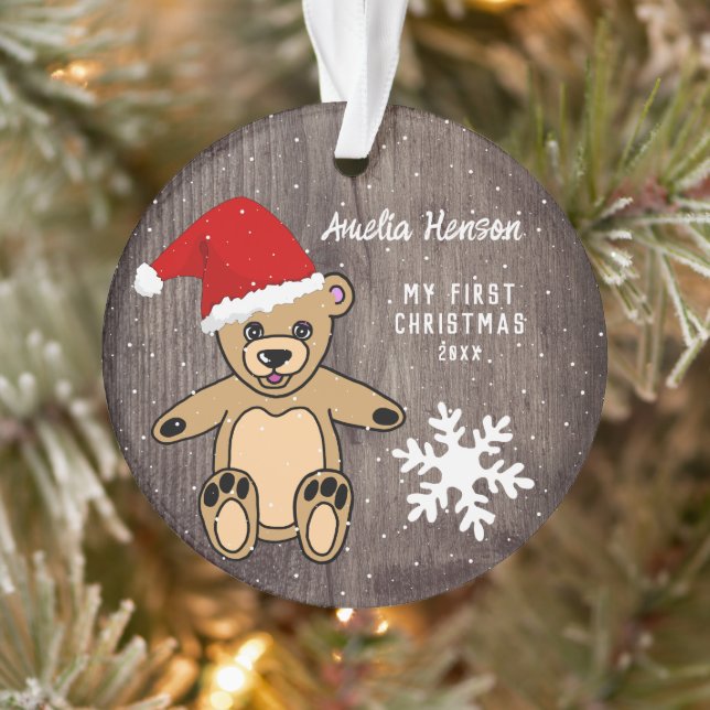 Baby`s First Christmas Wood Teddy Bear Santa Hat   Ornament (Tree)