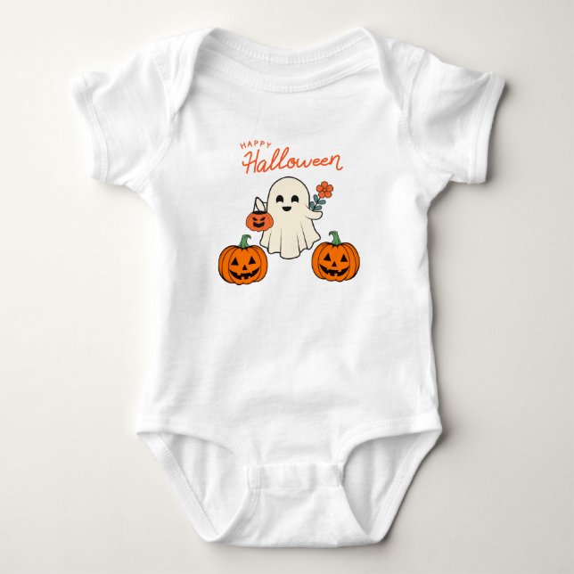 Baby’s First Halloween Ghost and Pumpkin Baby Bodysuit (Front)