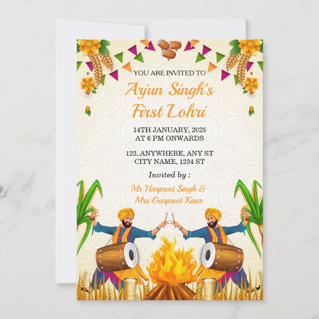 Baby’s First Lohri Invitation, Punjabi Lohri Card (Front)