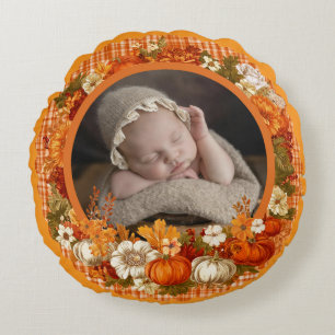 Baby’s First Thanksgiving Fall Floral Photo Round Cushion