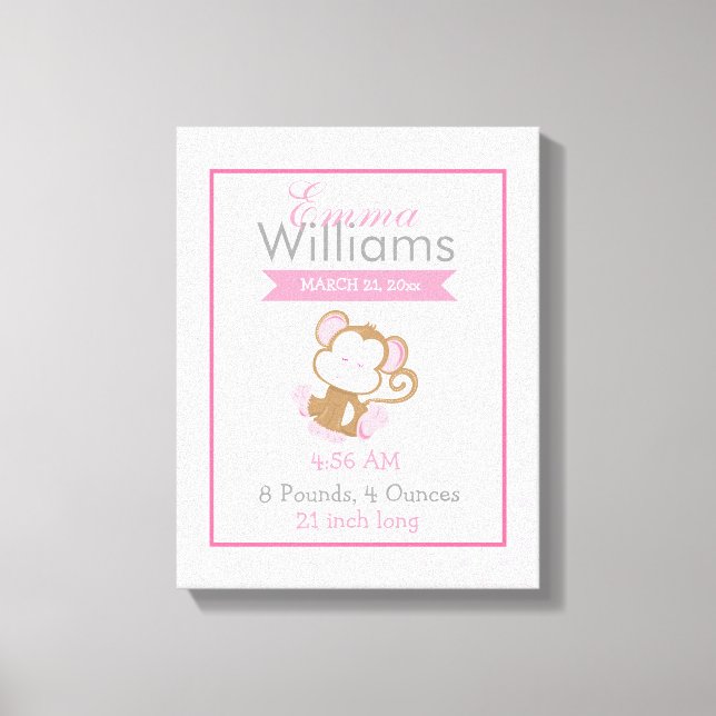 Baby Safari Pink Sleepy Monkey Nursery Art Gift Canvas Print (Front)