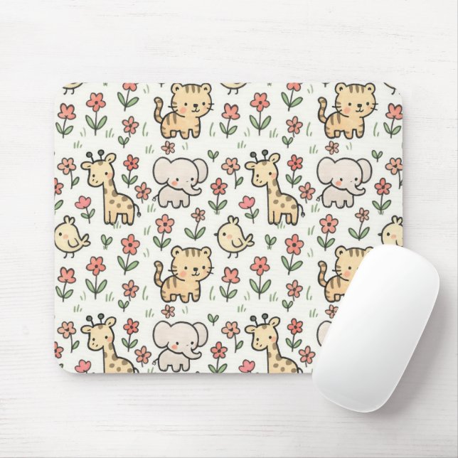 Baby Safari Wildlife With Doodle Flowers Mouse Pad (With Mouse)