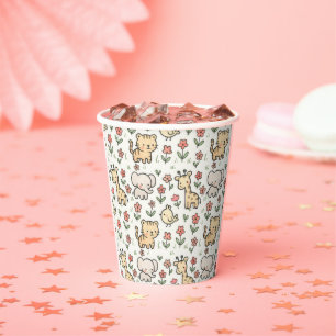 Baby Safari Wildlife With Doodle Flowers Paper Cups